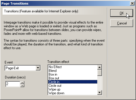 Setting a page transition